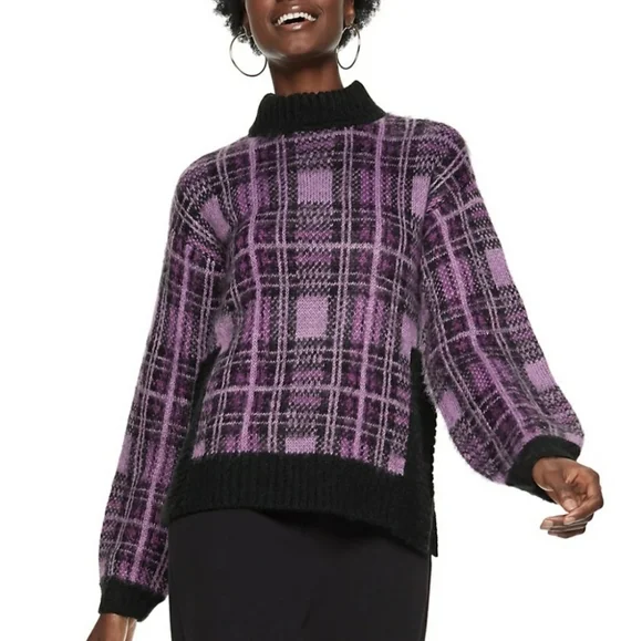 Nine West Purple Plaid Mock Neck Fuzzy Sweater - Picture 1 of 5